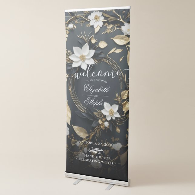 Chic White Gold Floral Wreath Wedding Welcome Sign (3/4)