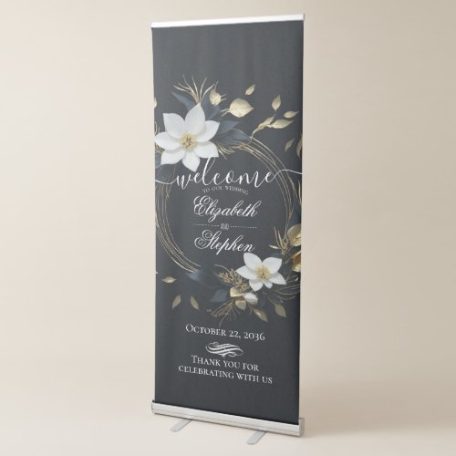 Chic White Gold Floral Wreath Wedding Welcome Sign
