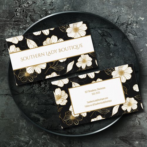 Chic White Gold Flowers on Black Business Card