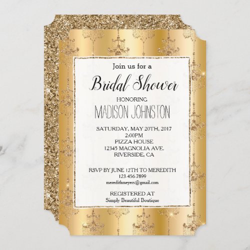 Chic White Gold Glam Glitter Chandeliers Invitation