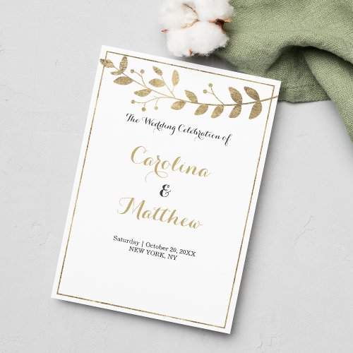 Chic white gold glamorous foliage Wedding Program