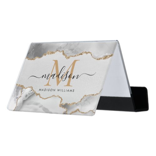 Chic White Gold Glitter Agate Monogram Script Name Desk Business Card Holder
