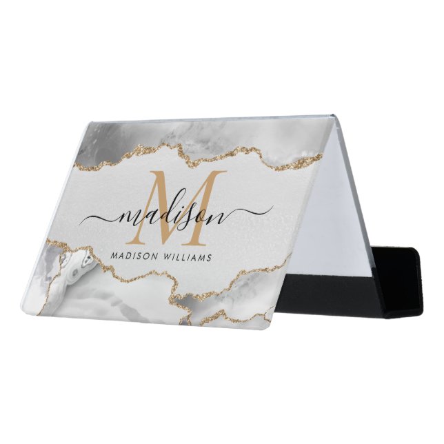 Chic White Gold Glitter Agate Monogram Script Name Desk Business Card Holder (Angled Back)