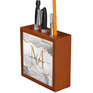 Chic White Gold Glitter Agate Monogram Script Name Desk Organizer