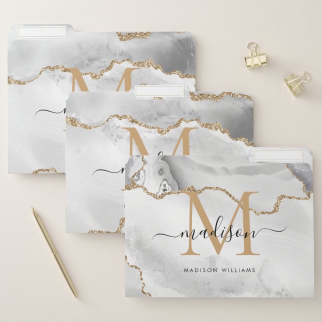Chic White Gold Glitter Agate Monogram Script Name File Folder (Set)