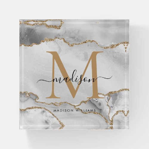 Chic White Gold Glitter Agate Monogram Script Name Paperweight