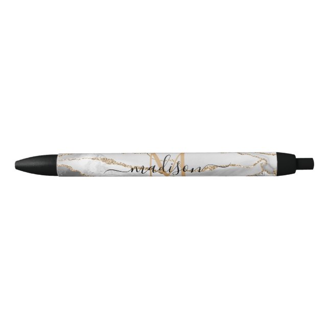 Chic White Gold Glitter Agate Monogram Script Name Pen (Front)