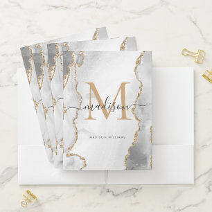 Chic White Gold Glitter Agate Monogram Script Name Pocket Folder