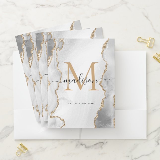Chic White Gold Glitter Agate Monogram Script Name Pocket Folder (In Situ)