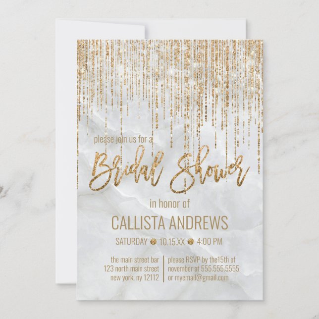 Chic White Gold Glitter Pearl Marble Bridal Shower Invitation (Front)