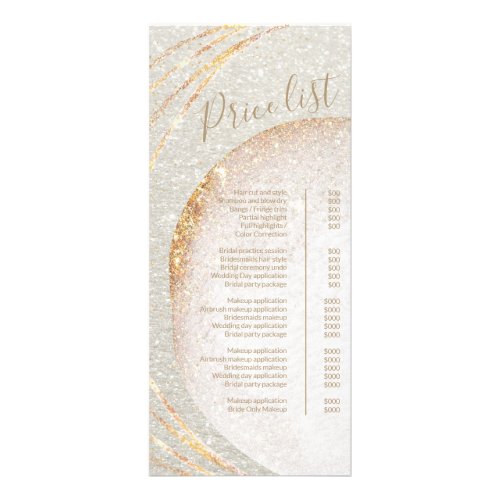 Chic White Gold Glitter Stylist Salon Price List  Rack Card