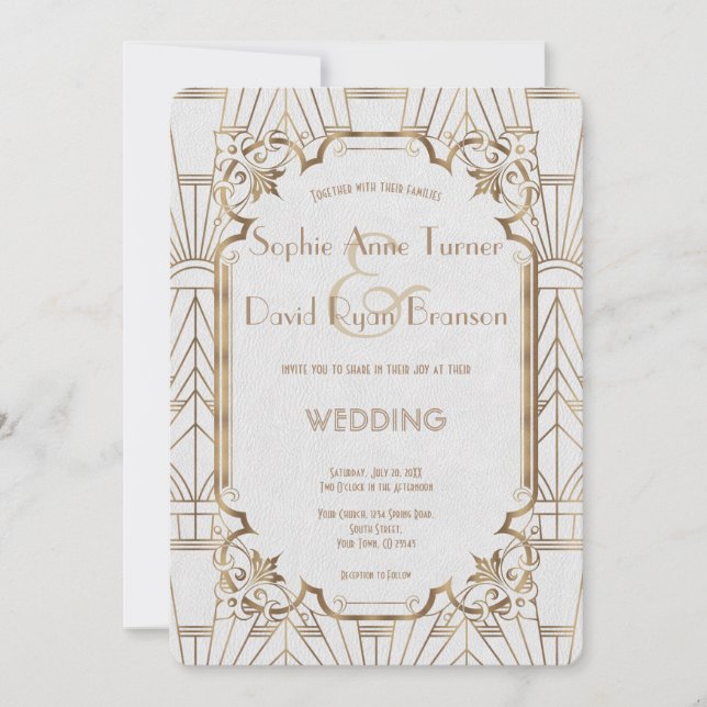 Chic White Gold Great Art Deco Wedding Invitation (Front)