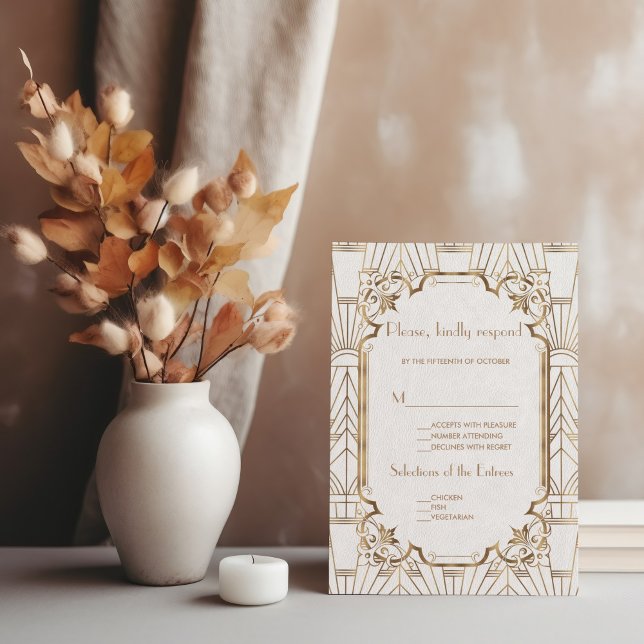 Chic White Gold Great Gatsby Art Deco 1920s RSVP Card (Creator Uploaded)
