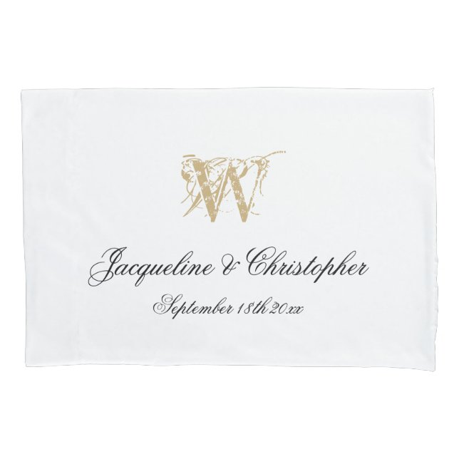 Chic White Gold Monogram + Names Newlywed Wedding Pillow Case (Front)