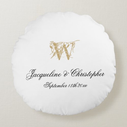 Chic White Gold Monogram Newlywed Wedding Keepsake Round Pillow