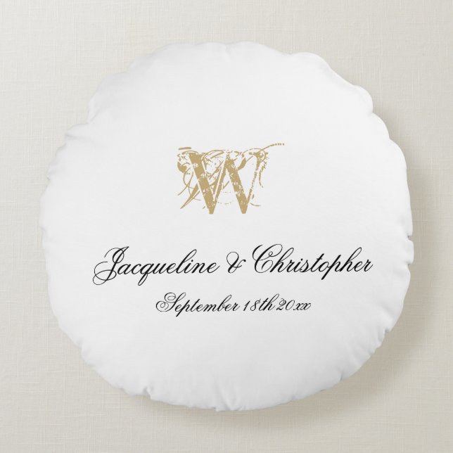 Chic White Gold Monogram Newlywed Wedding Keepsake Round Pillow (Front)