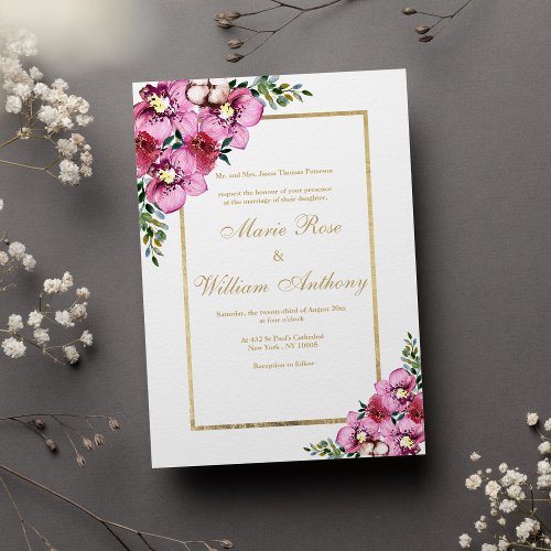 Chic white gold pink purple green floral Wedding Invitation