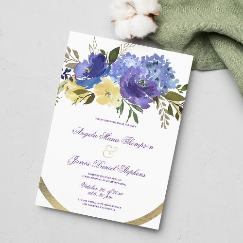 Chic white gold purple lilac yellow floral wedding invitation