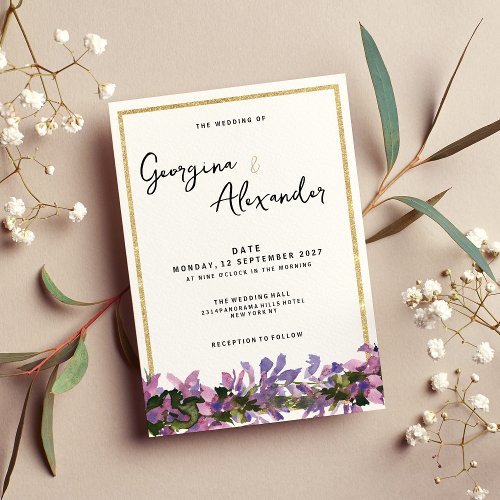 Chic white gold purple pink green floral wedding  invitation