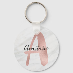 Chic White & Gray Marble Rose Gold A Monogram Name Keychain