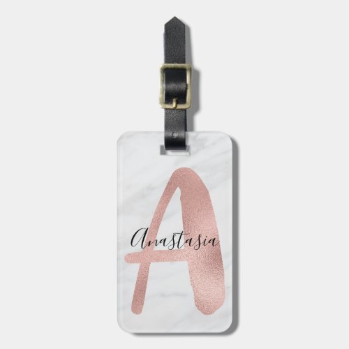 Chic White  Gray Marble Rose Gold A Monogram Name Luggage Tag