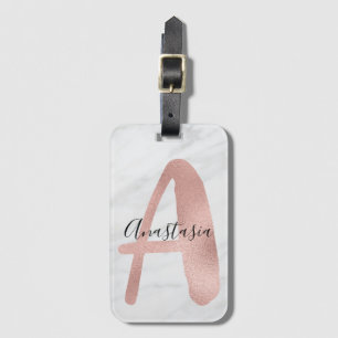 Chic White & Gray Marble Rose Gold A Monogram Name Luggage Tag
