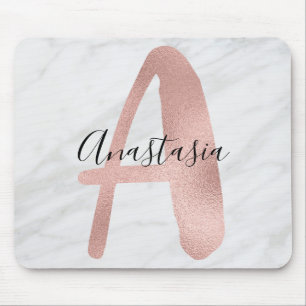 Chic White & Gray Marble Rose Gold A Monogram Name Mouse Pad