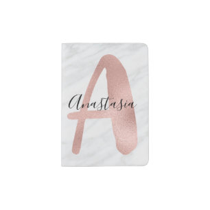 Chic White & Gray Marble Rose Gold A Monogram Name Passport Holder