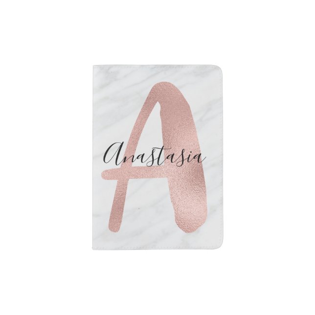 Chic White & Gray Marble Rose Gold A Monogram Name Passport Holder (Front)