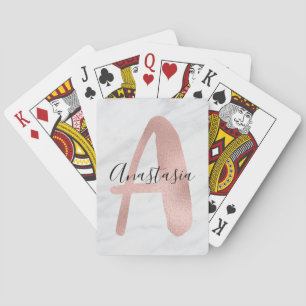 Chic White & Gray Marble Rose Gold A Monogram Name Poker Cards
