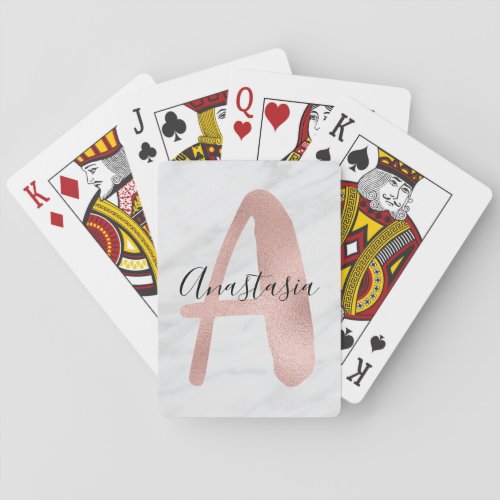 Chic White  Gray Marble Rose Gold A Monogram Name Poker Cards