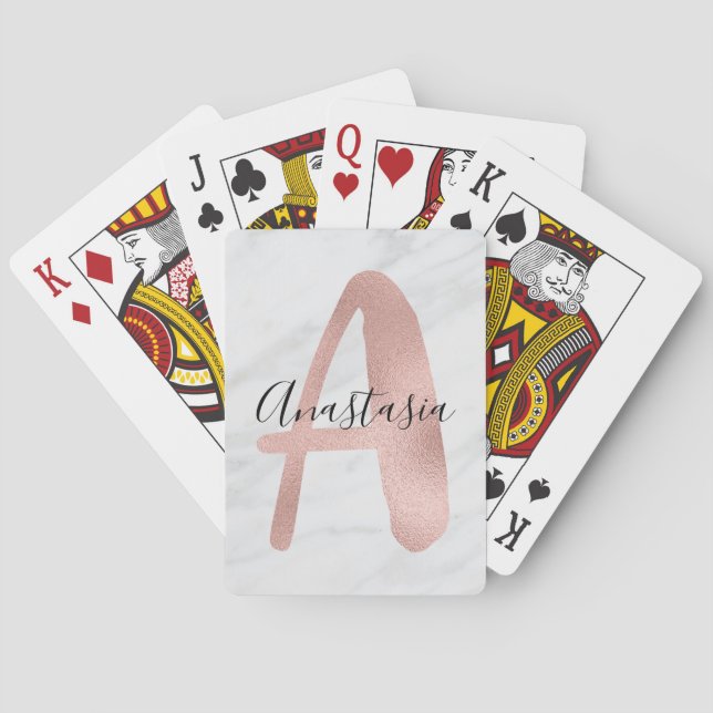 Chic White & Gray Marble Rose Gold A Monogram Name Poker Cards (Back)