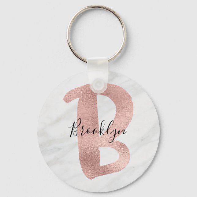 Chic White & Gray Marble Rose Gold B Monogram Name Keychain (Front)