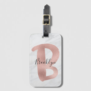 Chic White & Gray Marble Rose Gold B Monogram Name Luggage Tag