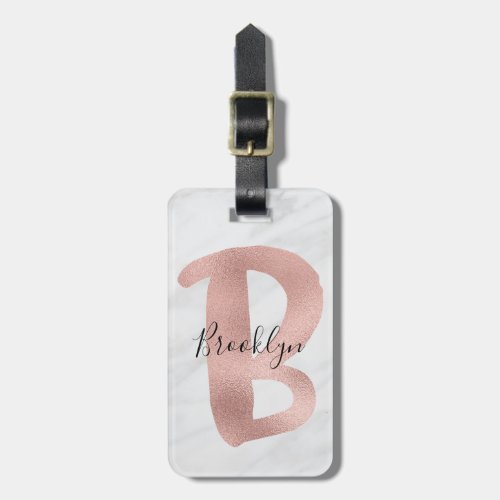 Chic White  Gray Marble Rose Gold B Monogram Name Luggage Tag