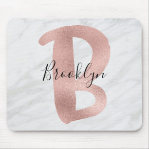 Chic White & Gray Marble Rose Gold B Monogram Name Mouse Pad