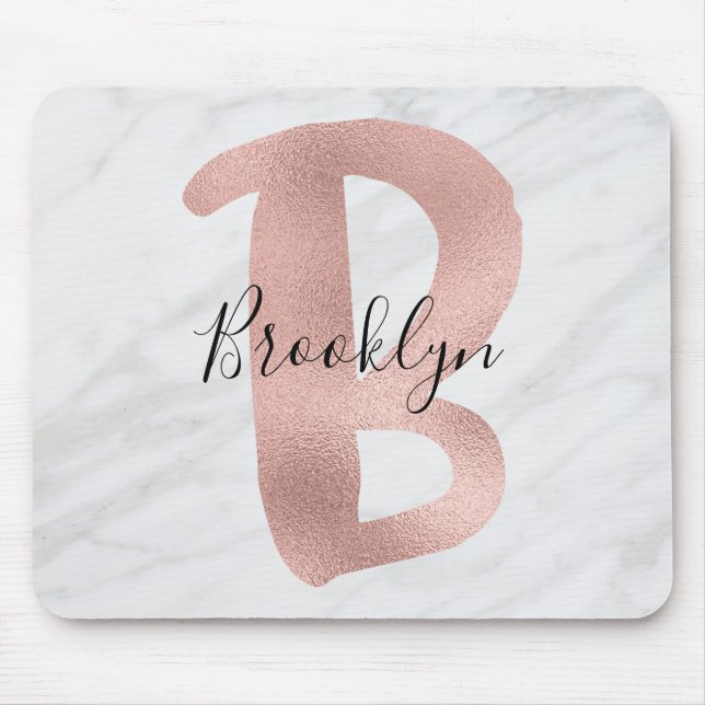 Chic White & Gray Marble Rose Gold B Monogram Name Mouse Pad (Front)