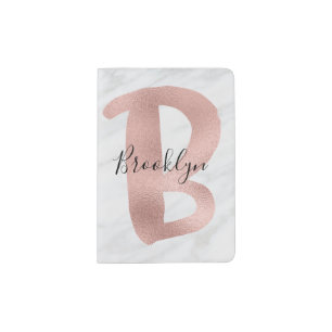 Chic White & Gray Marble Rose Gold B Monogram Name Passport Holder