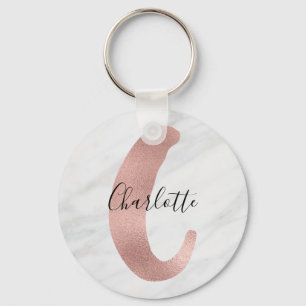 Chic White & Gray Marble Rose Gold C Monogram Name Keychain