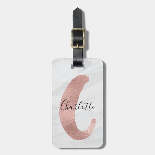 Chic White  Gray Marble Rose Gold C Monogram Name Luggage Tag