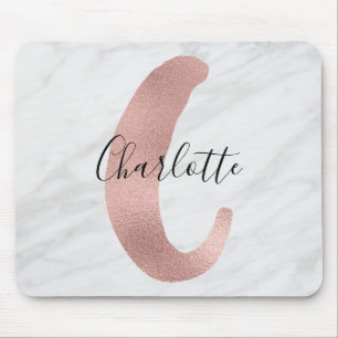 Chic White & Gray Marble Rose Gold C Monogram Name Mouse Pad