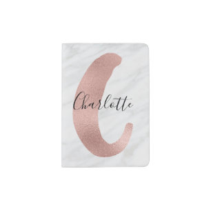 Chic White & Gray Marble Rose Gold C Monogram Name Passport Holder
