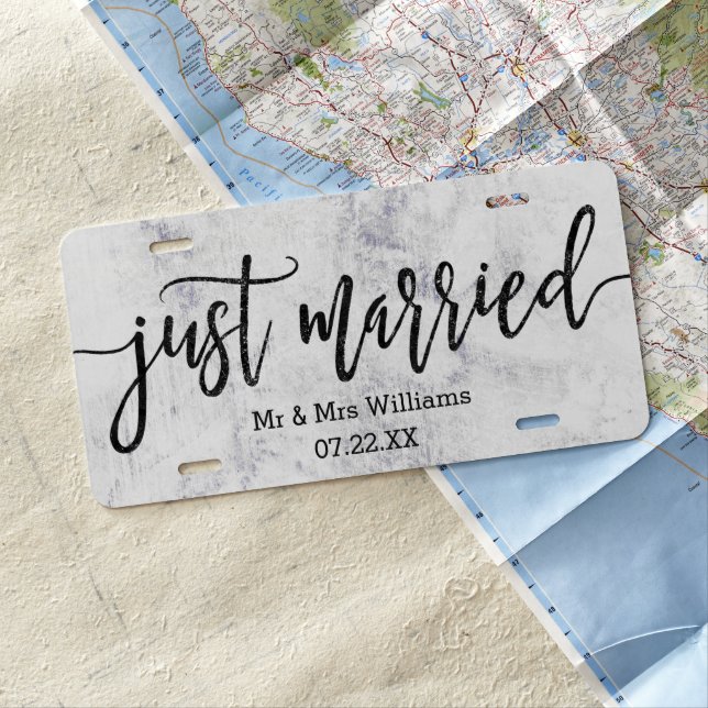 Chic White & Gray Marble Wedding Just Married License Plate (In Situ)
