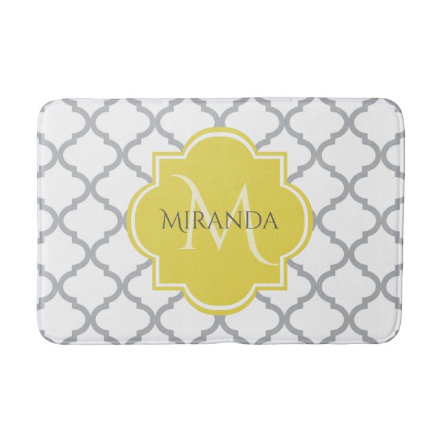 Chic White Gray Quatrefoil Yellow Monogrammed Name Bathroom Mat (Front)