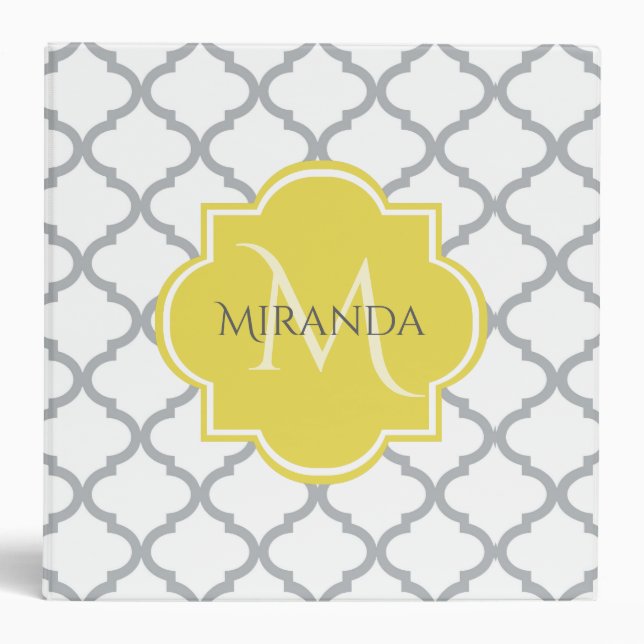 Chic White Gray Quatrefoil Yellow Monogrammed Name Binder (Front)