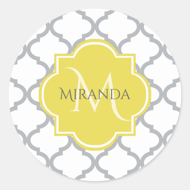 Chic White Gray Quatrefoil Yellow Monogrammed Name Classic Round Sticker (Front)