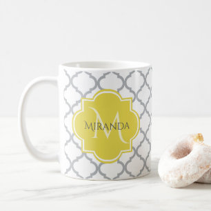Chic White Gray Quatrefoil Yellow Monogrammed Name Coffee Mug