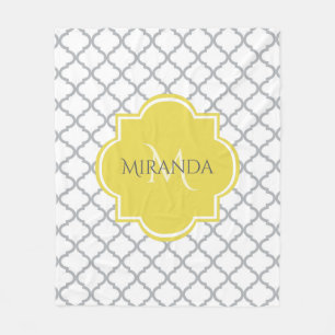 Chic White Gray Quatrefoil Yellow Monogrammed Name Fleece Blanket