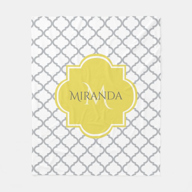 Chic White Gray Quatrefoil Yellow Monogrammed Name Fleece Blanket (Front)