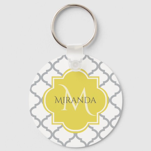 Chic White Gray Quatrefoil Yellow Monogrammed Name Keychain (Front)